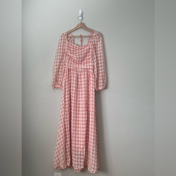 Kestan Coquette Style Baby Pink Gingham Square neck Long Sleeve Maxi Dress - Picture 2 of 15
